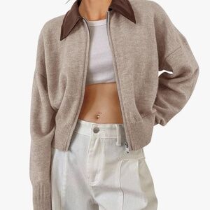 Saodimallsu Womens Zip Up Barn Jacket Cropped Faux Leather Collared Open Front L